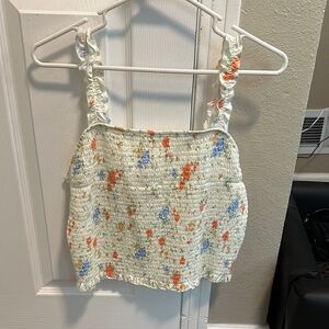 Floral Smocked Top - Cream with Blue and Orange Accents